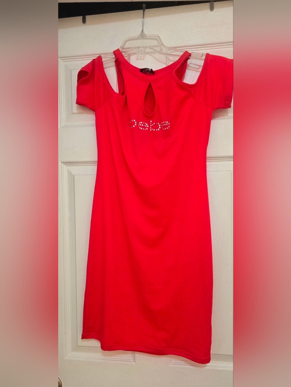 BEBE Orange Cold-Shoulder Dress with Rhinestone Detail